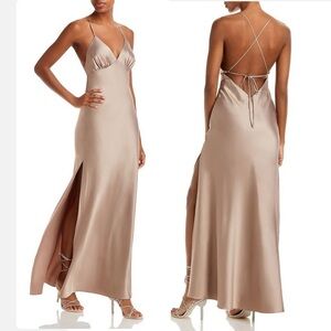 NWT Just Bee Queen Savannah Satin Tie Back Maxi Dress Taupe Sz M